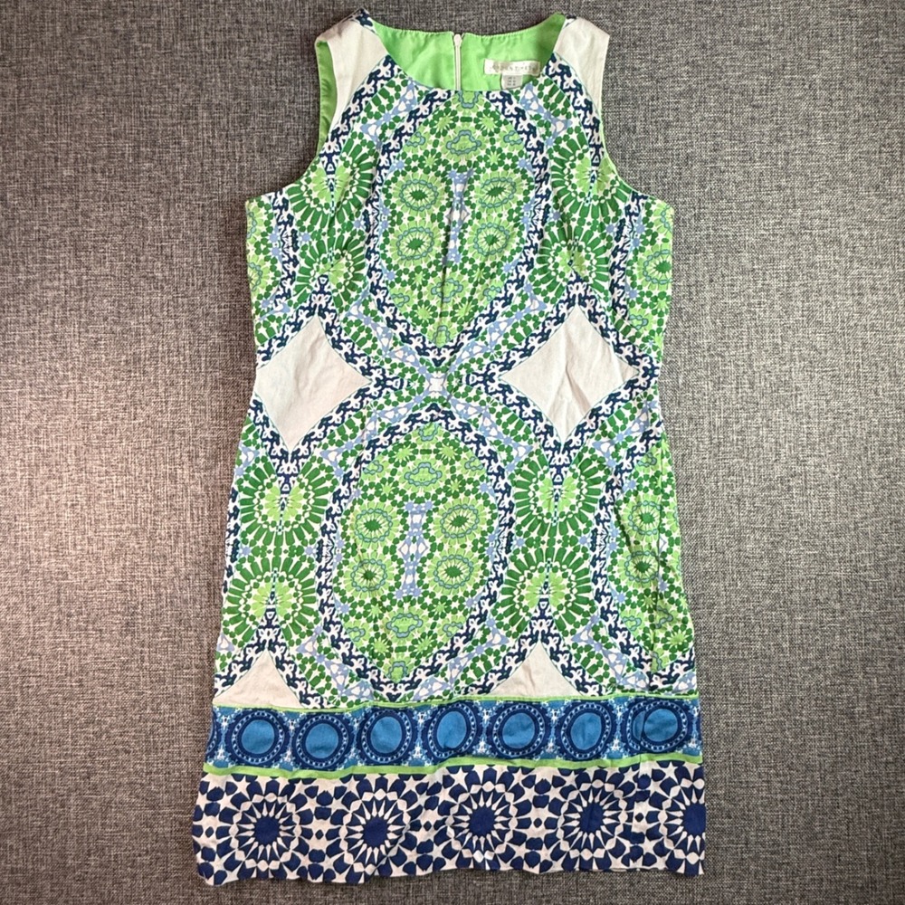 London Times Geometric Medallion Shift Mini Dress | Size 6 | Green Blue White